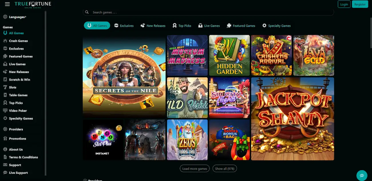 TrueFortune Casino online lobby with pokies, live games and search menu